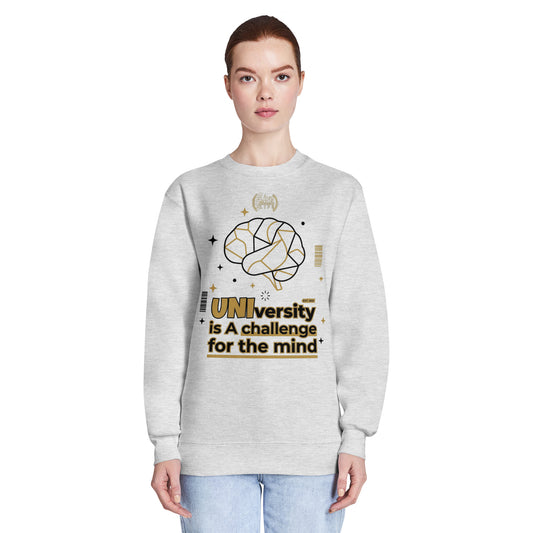 Person wearing a gray sweatshirt with a graphic design and text on a white background