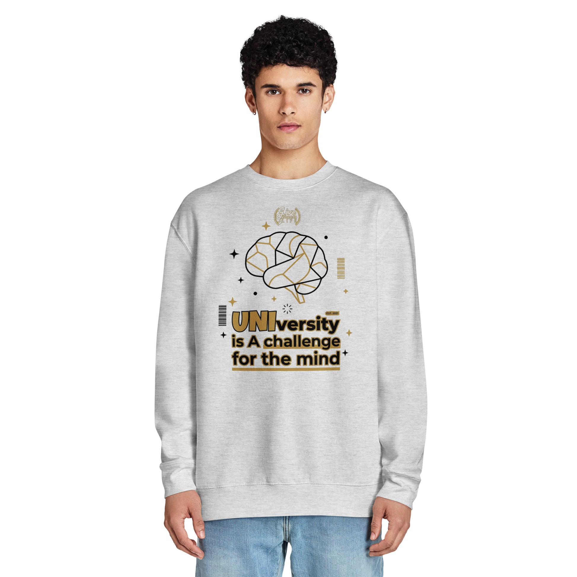Person wearing a gray sweatshirt with a motivational quote and graphic design on a white background