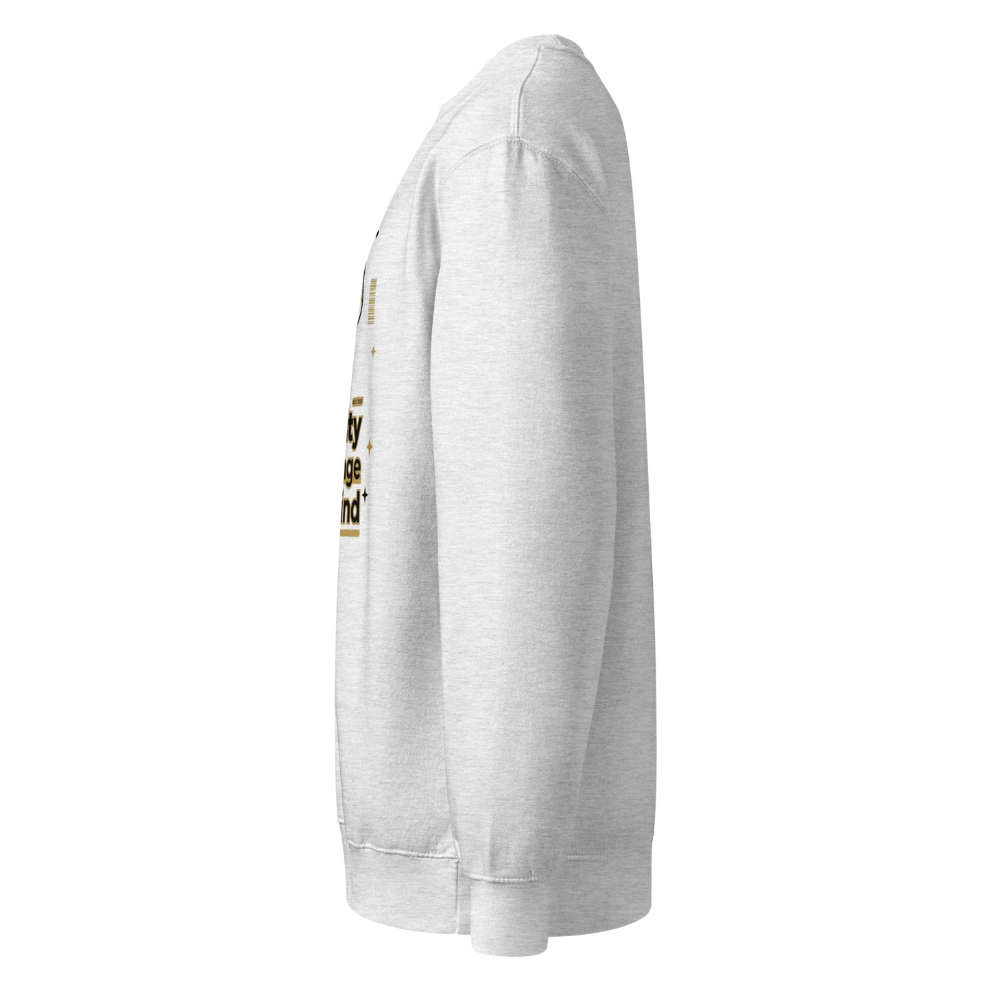 White sweatshirt with gold text on a white background
