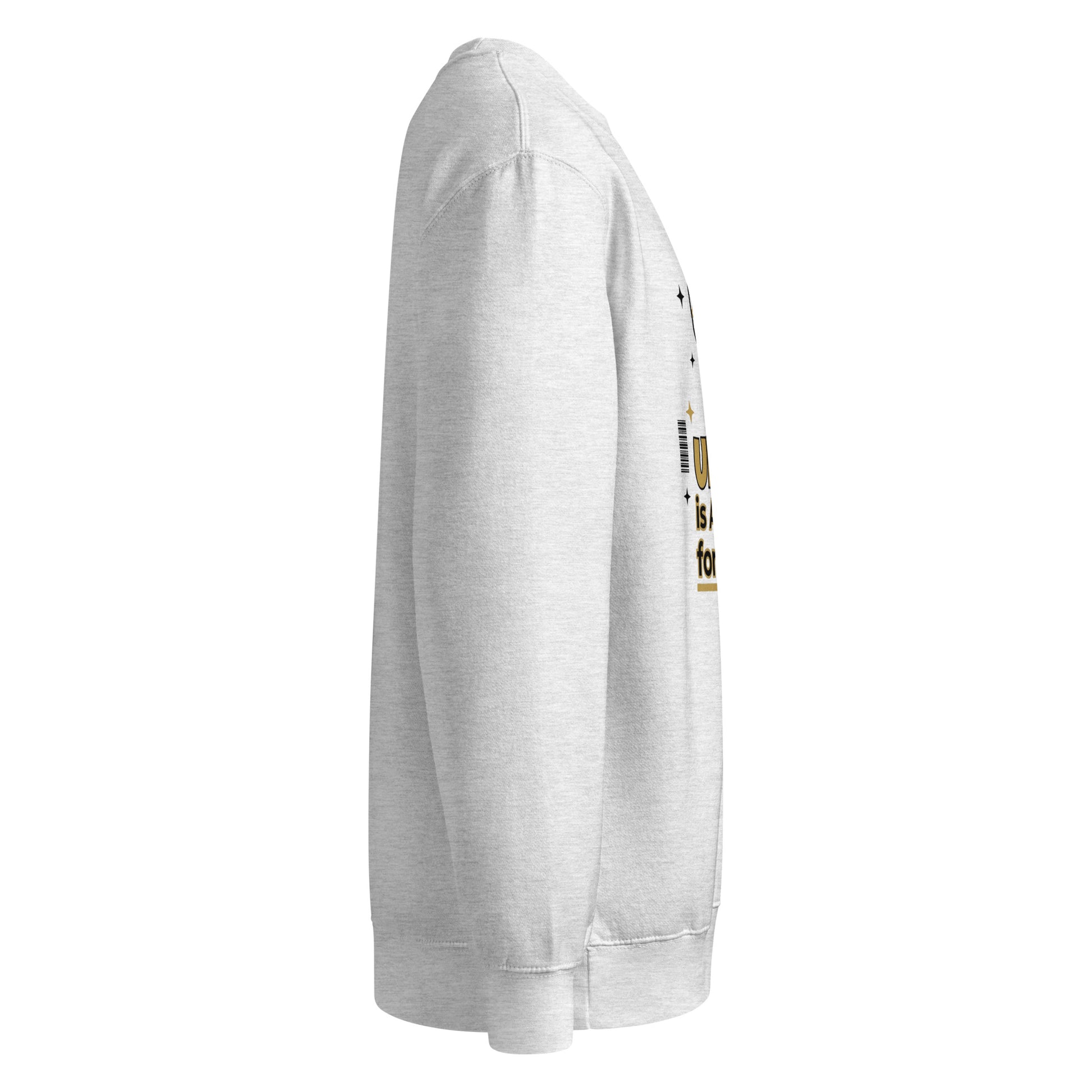 Gray sweatshirt with text on sleeve against a white background