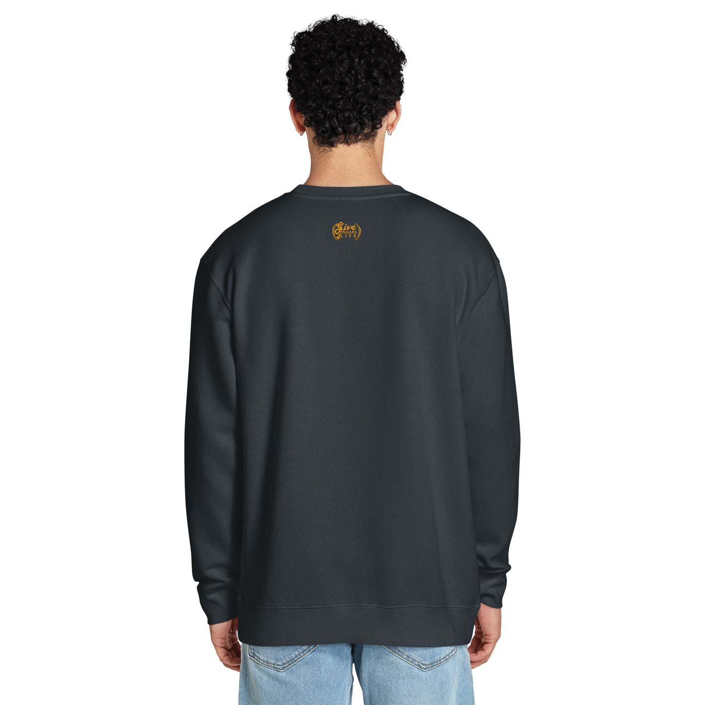 Person wearing a dark gray sweatshirt on a white background