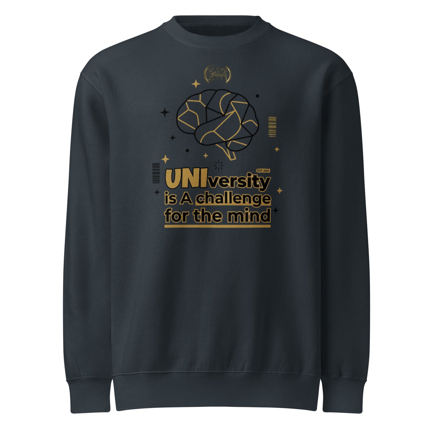 Black sweatshirt with gold graphic and text on a white background