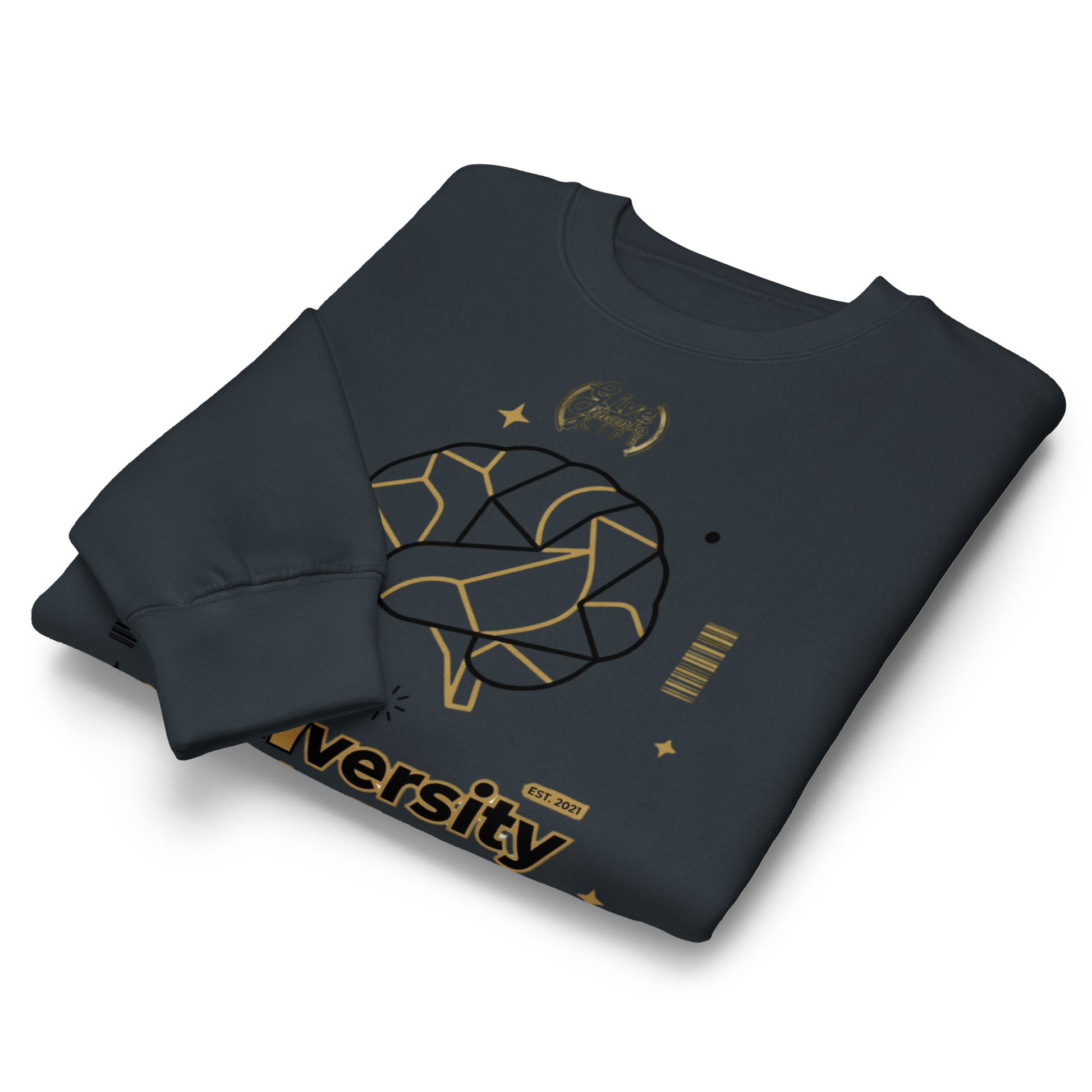 Folded black sweatshirt with a green logo on a white background