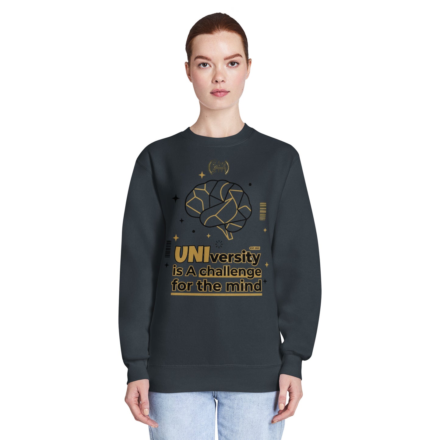 Person wearing a dark gray sweatshirt with gold text and design on a white background