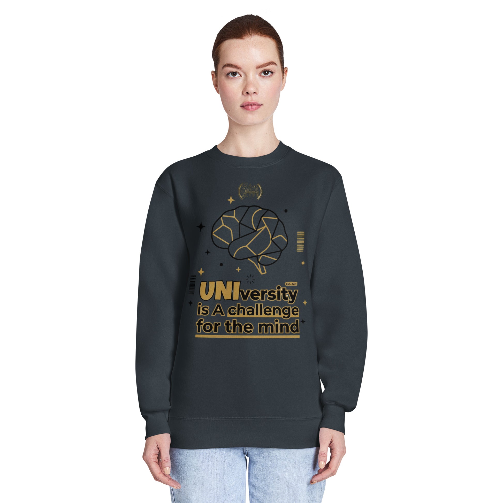 Person wearing a dark gray sweatshirt with gold text and design on a white background