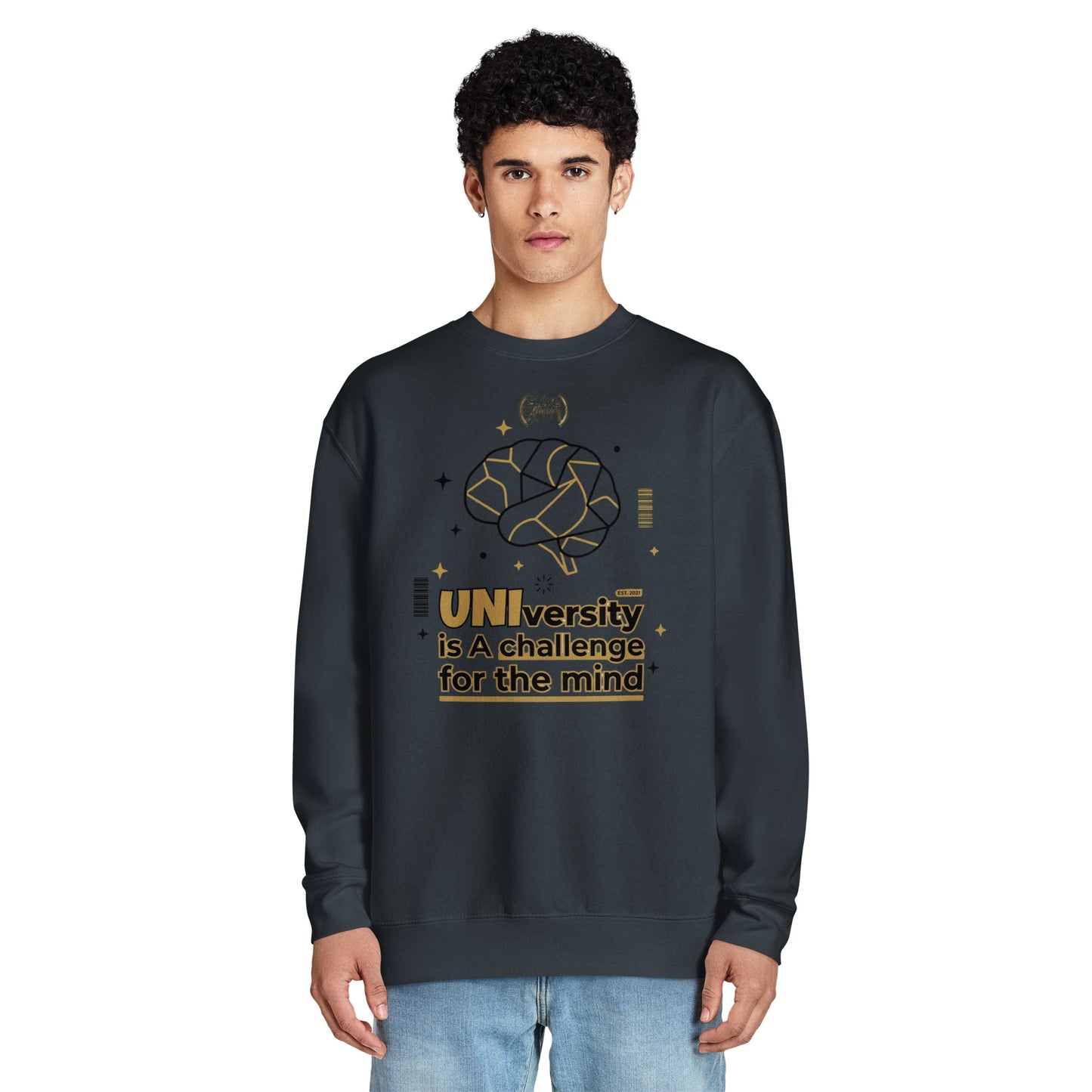 Person wearing a dark gray sweatshirt with gold text and design on a white background