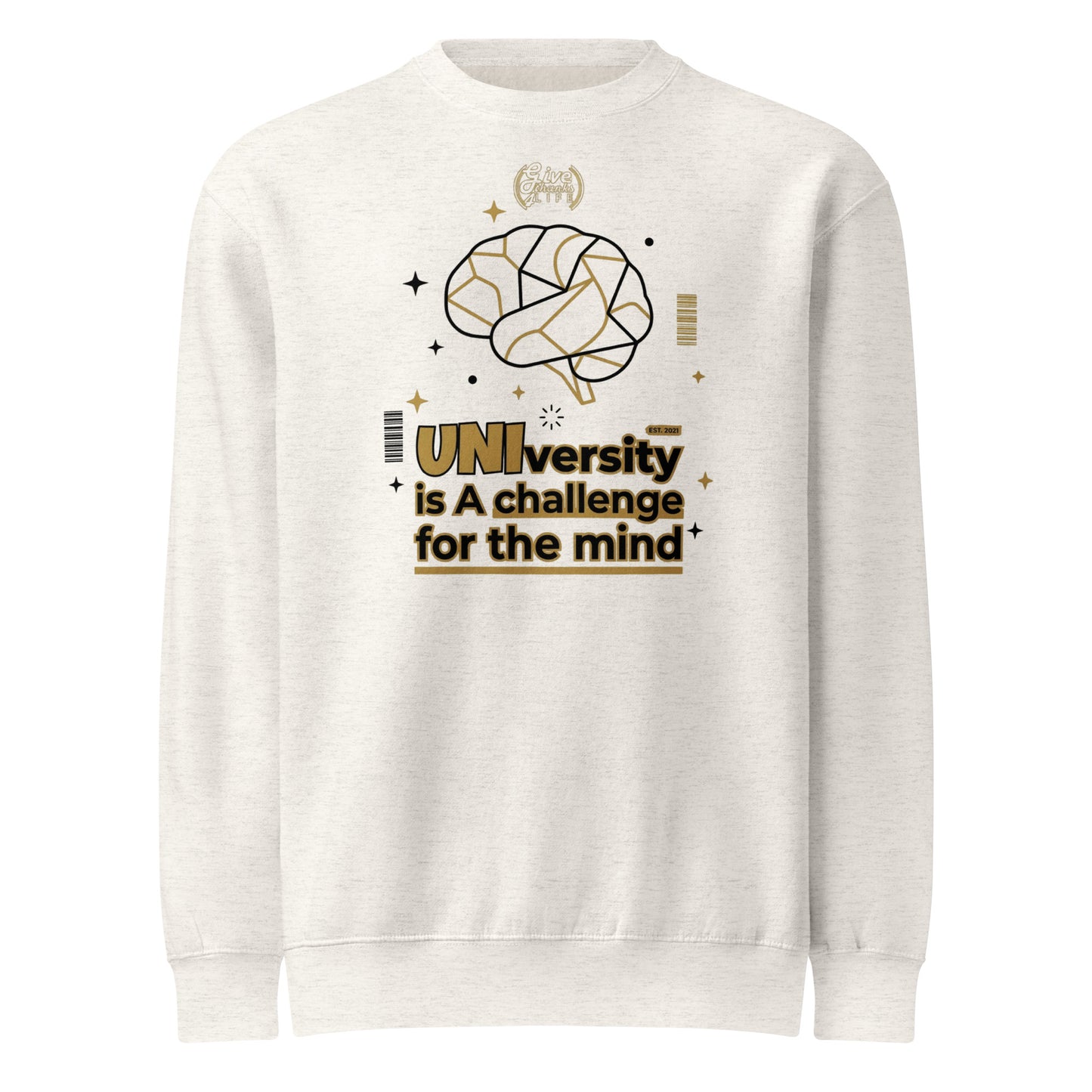 White sweatshirt with graphic design and text on a white background