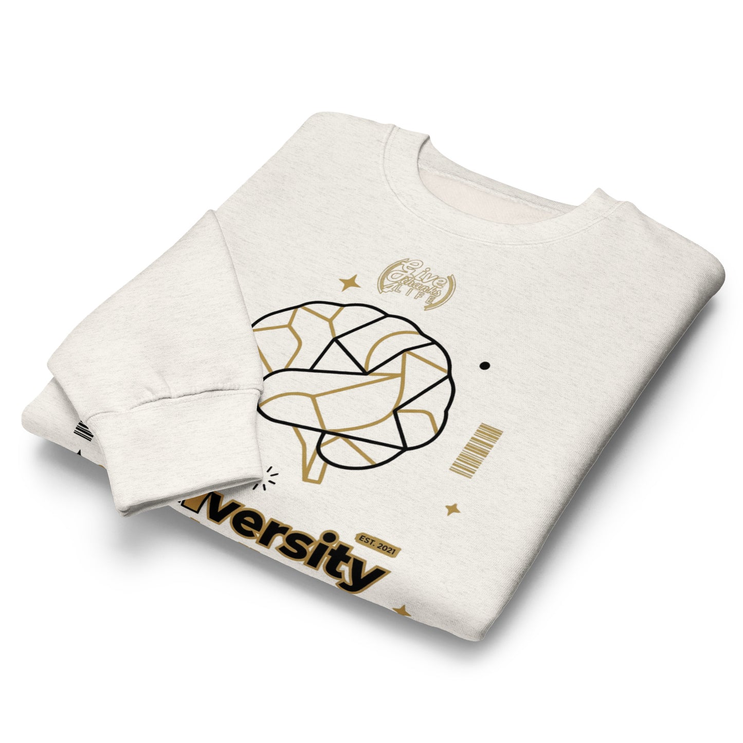 Folded white sweatshirt with gold geometric design and 'versity' text on a white background