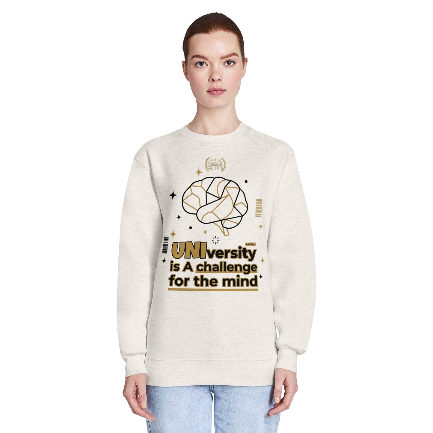 Person wearing a white sweatshirt with a graphic and text on a white background