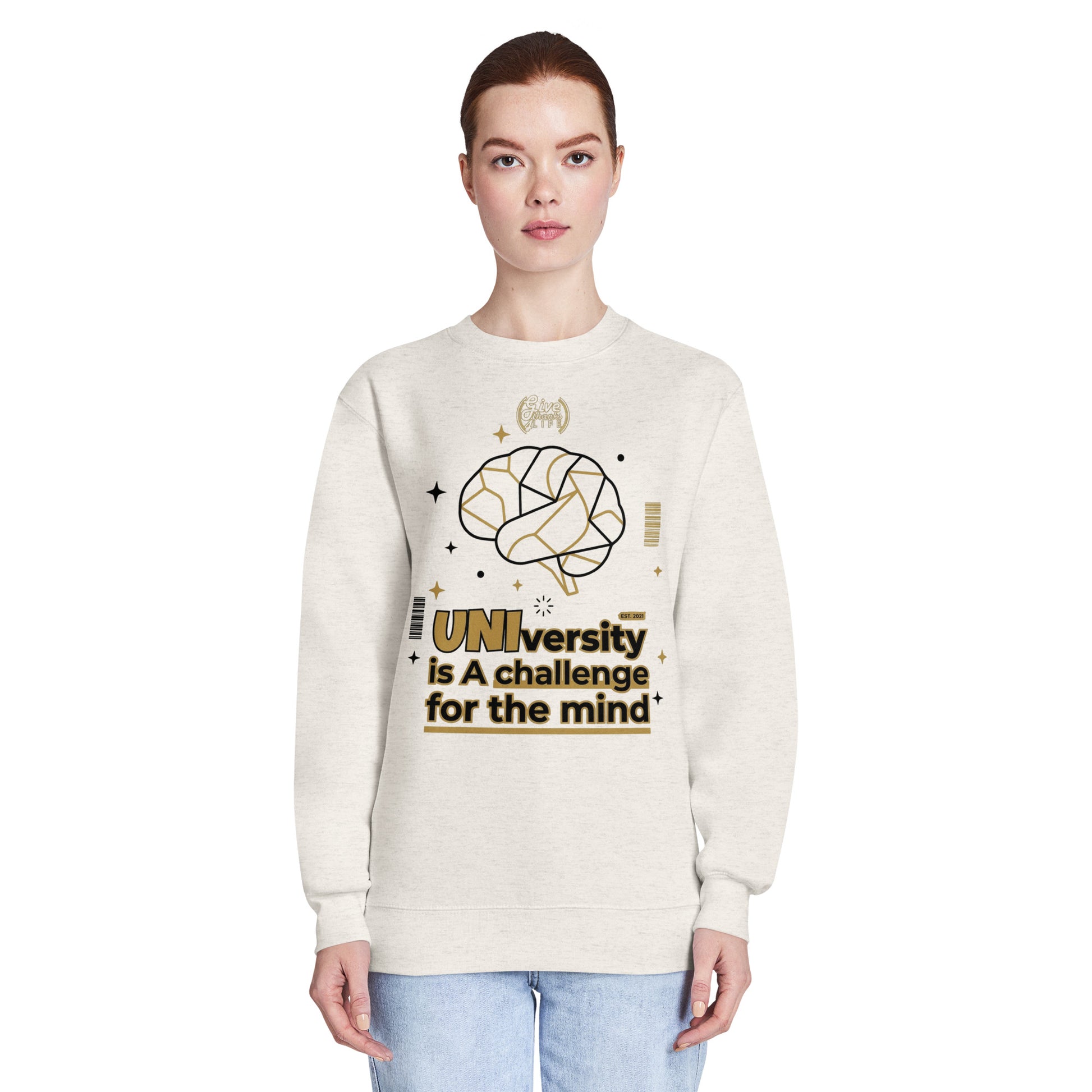 Person wearing a white sweatshirt with a graphic and text on a white background