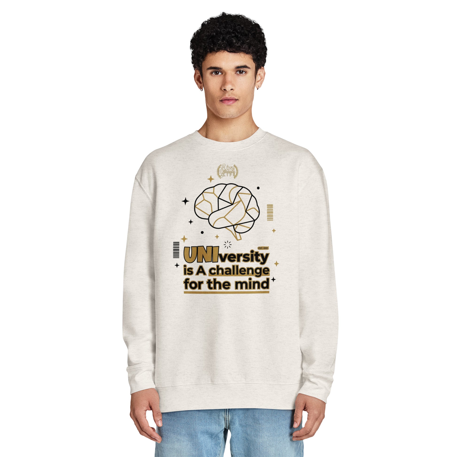 Person wearing a white sweatshirt with a graphic design and text on a white background