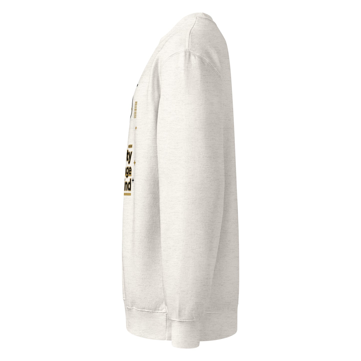White sweatshirt with gold text on a white background
