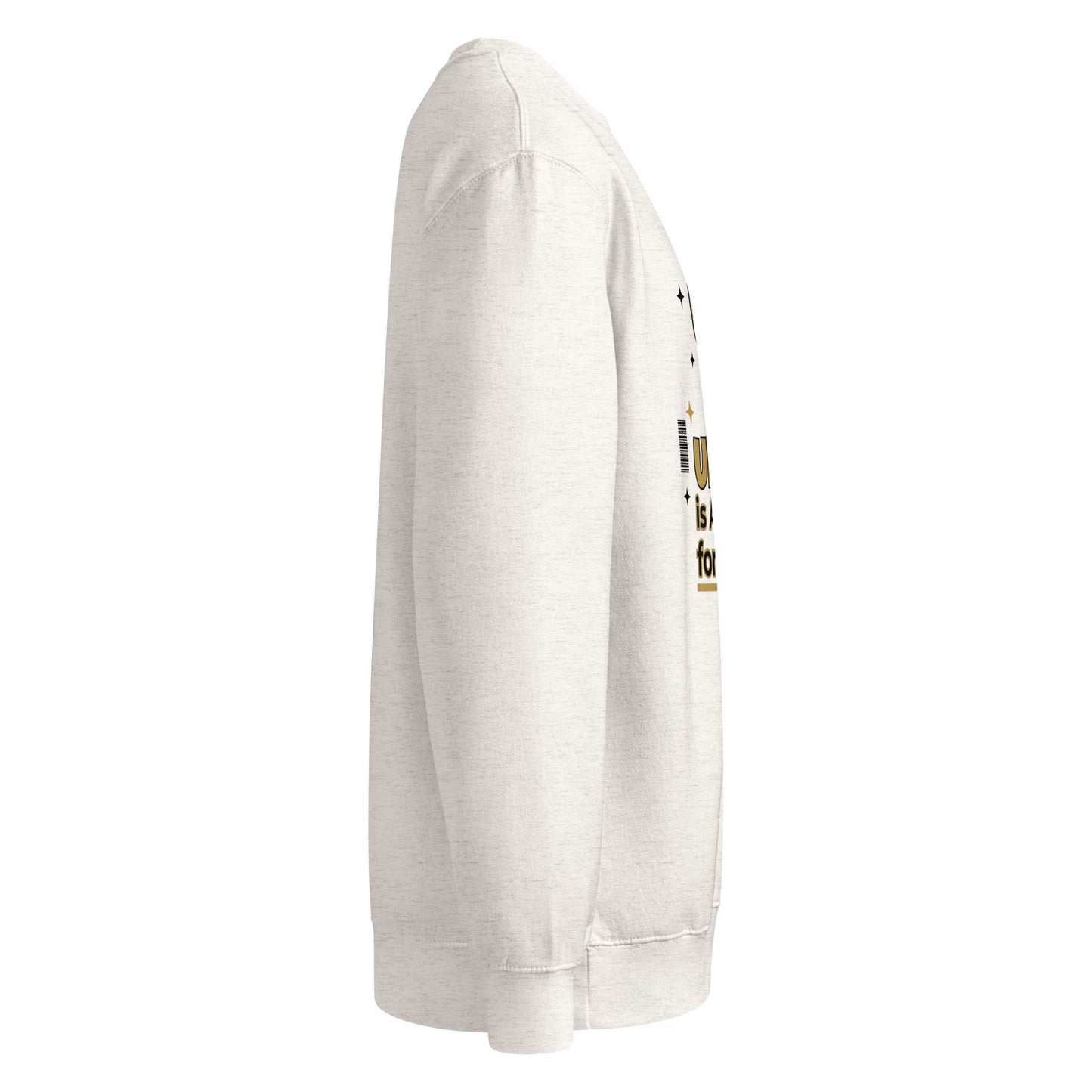 White sweatshirt with text on the sleeve against a white background