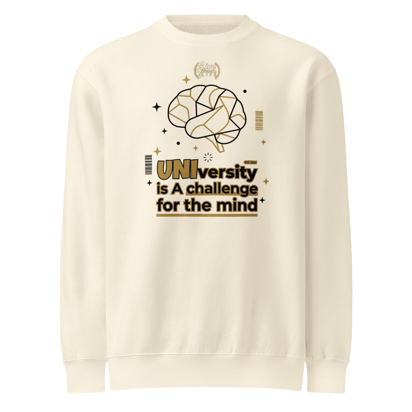 Pink sweatshirt with " University is A challenge for the mind"