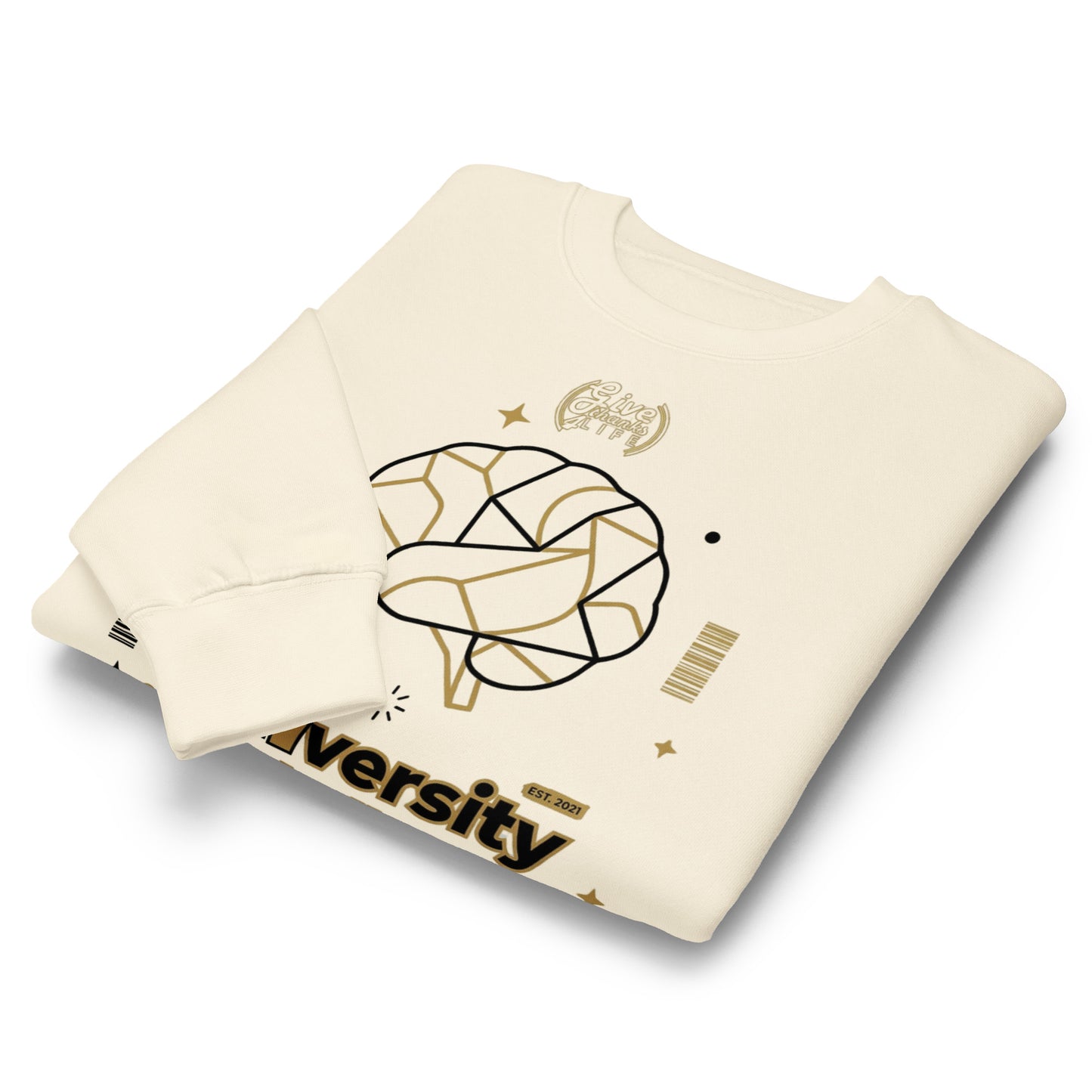 Beige t-shirt with geometric design and 'versity' branding on a white background
