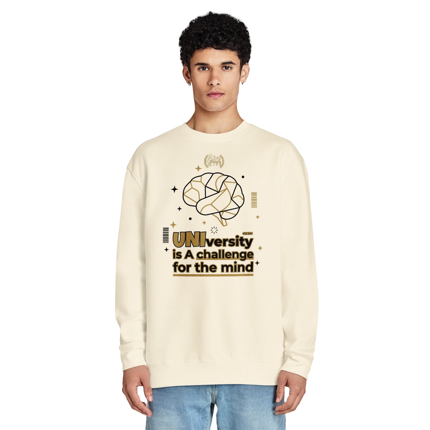 Person wearing a cream sweatshirt with a graphic design and text on a white background