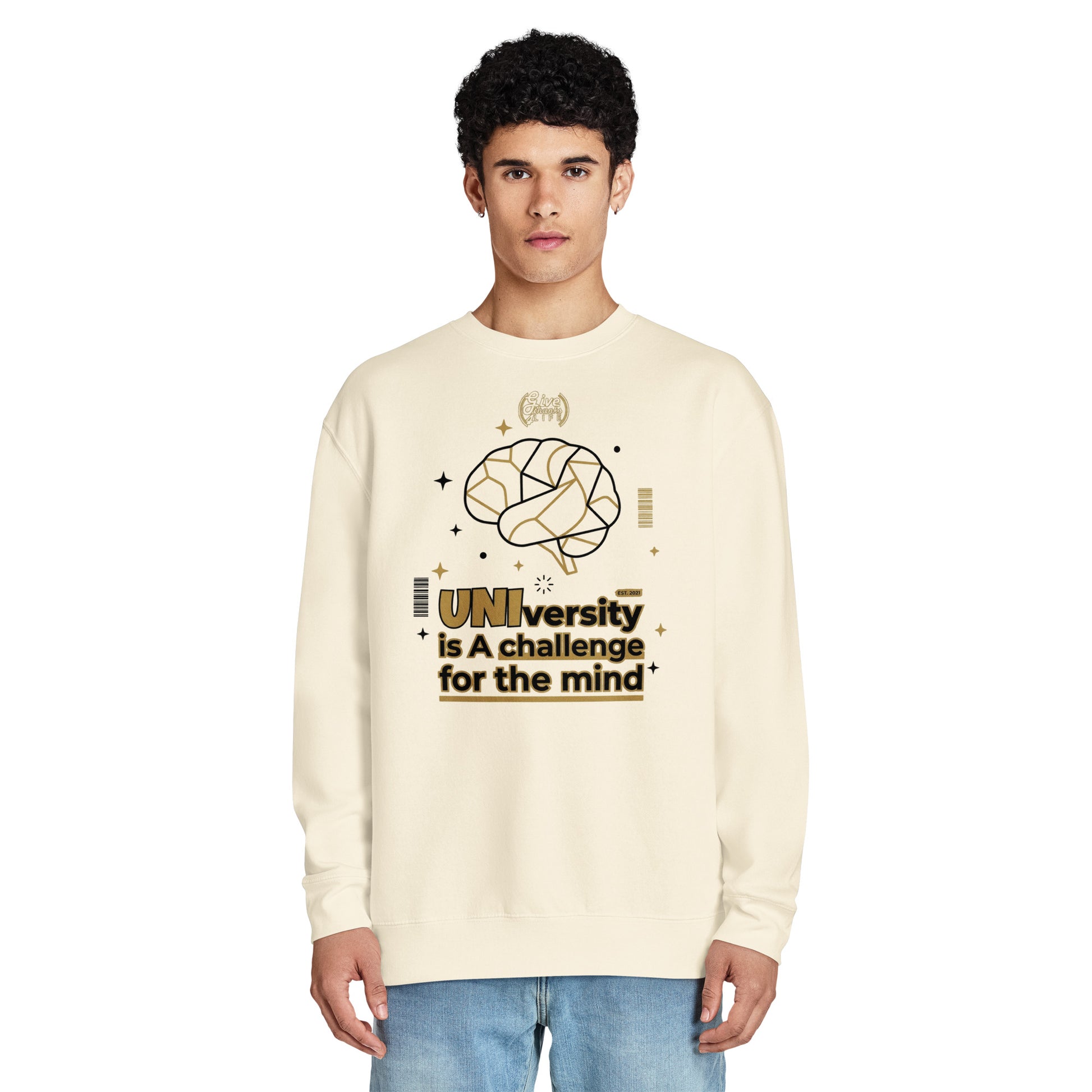 Person wearing a cream sweatshirt with a graphic design and text on a white background