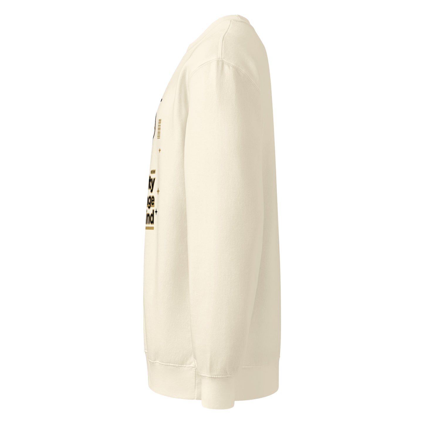 White sweatshirt with text on the sleeve against a white background