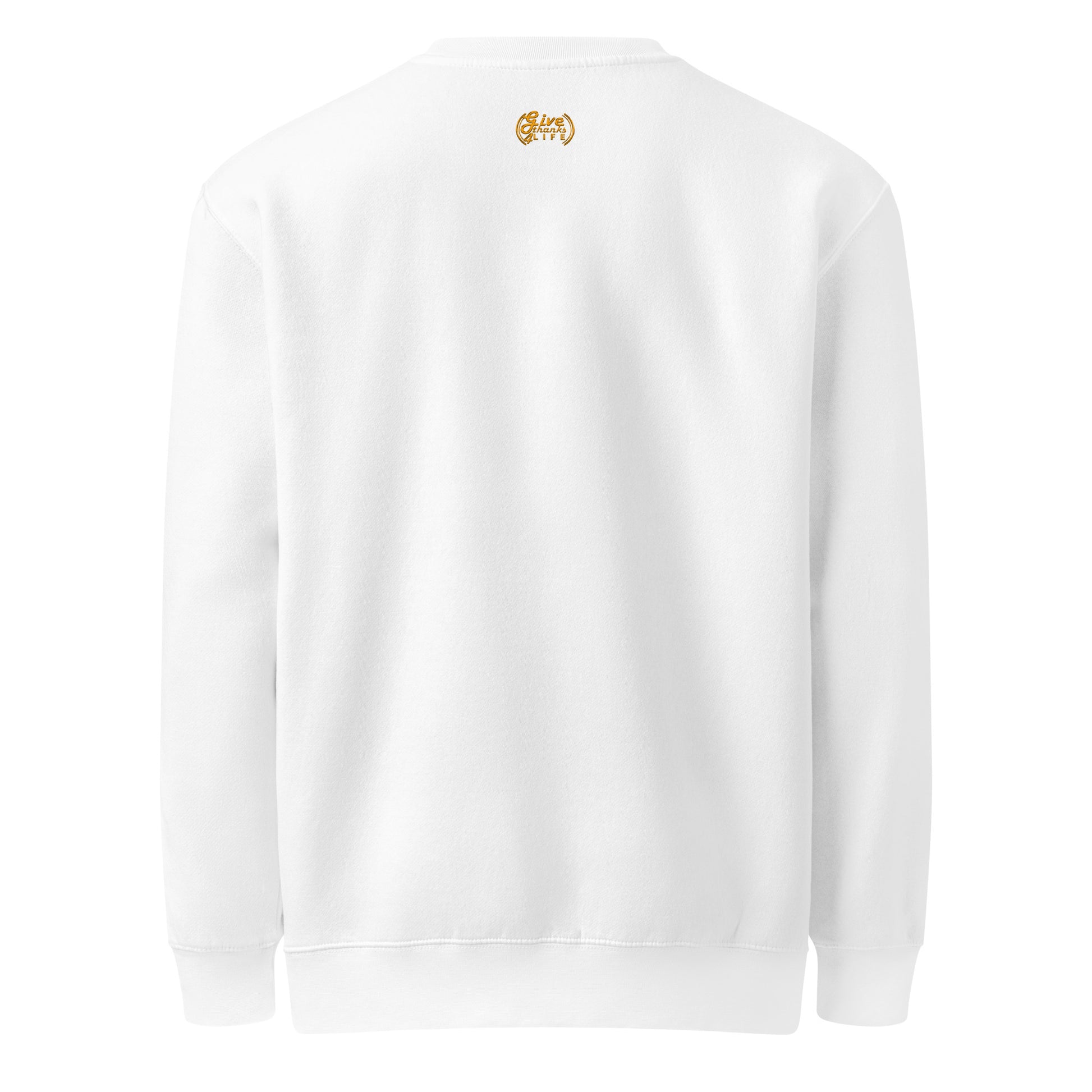 White sweatshirt with a gold logo on the chest against a white background
