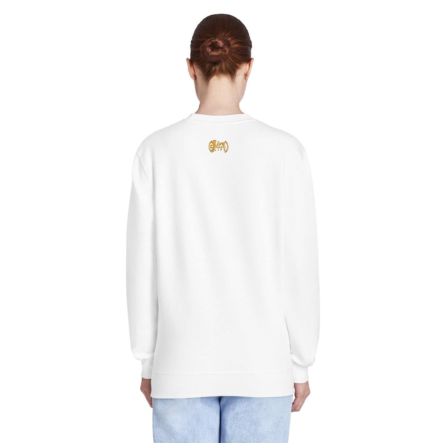 Person wearing a white long-sleeve shirt with 'Psalm 139:14' text on the back.