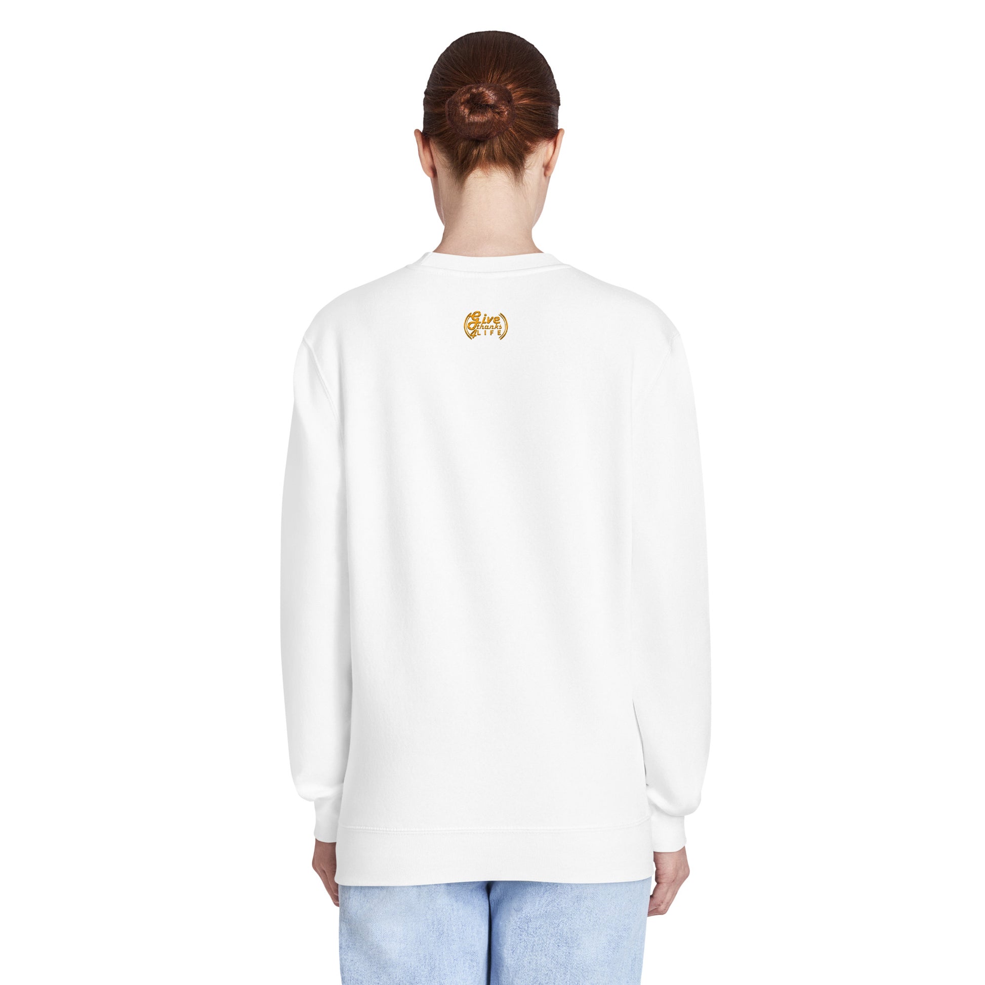 Person wearing a white long-sleeve shirt with 'Psalm 139:14' text on the back.