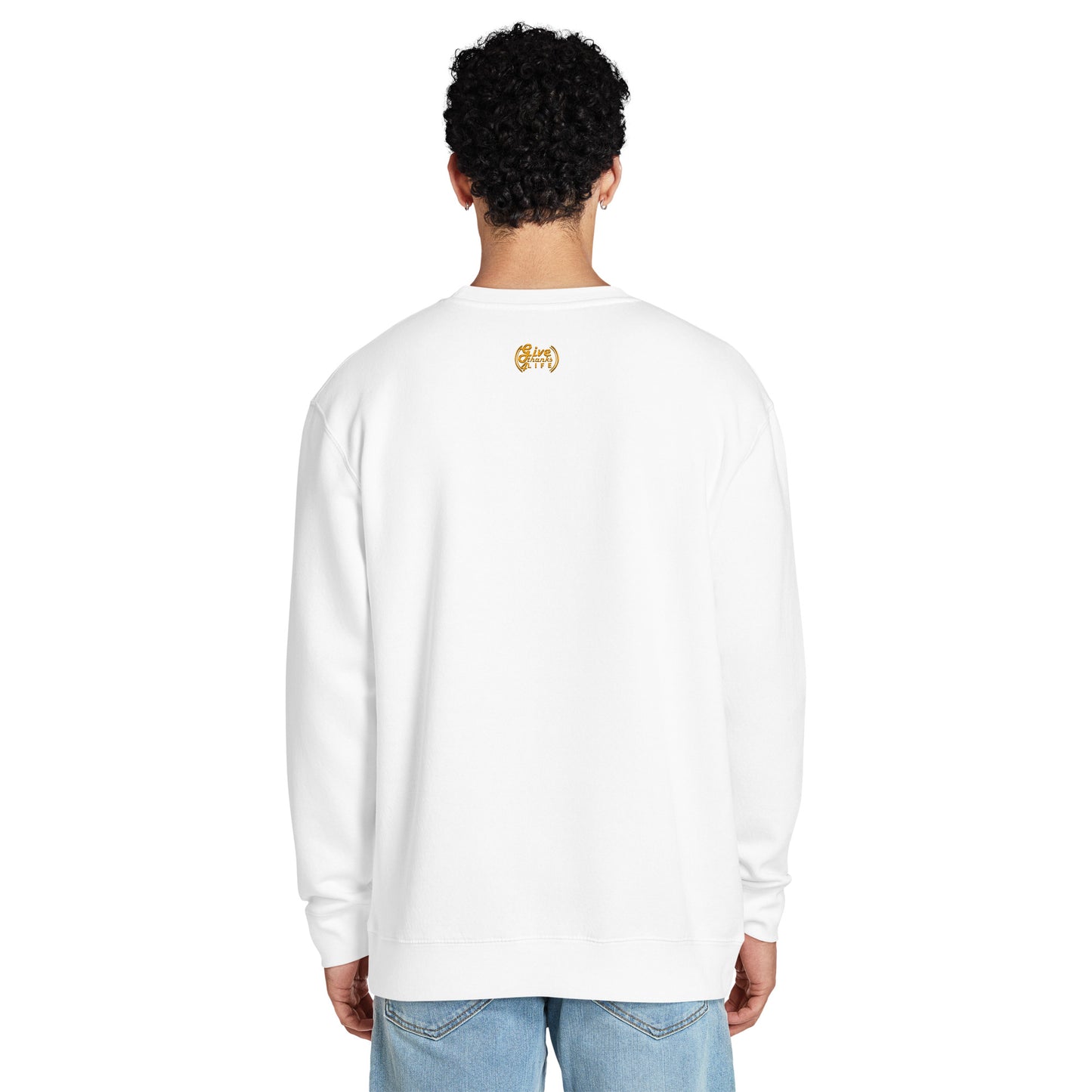 Person wearing a white long-sleeve shirt on a white background