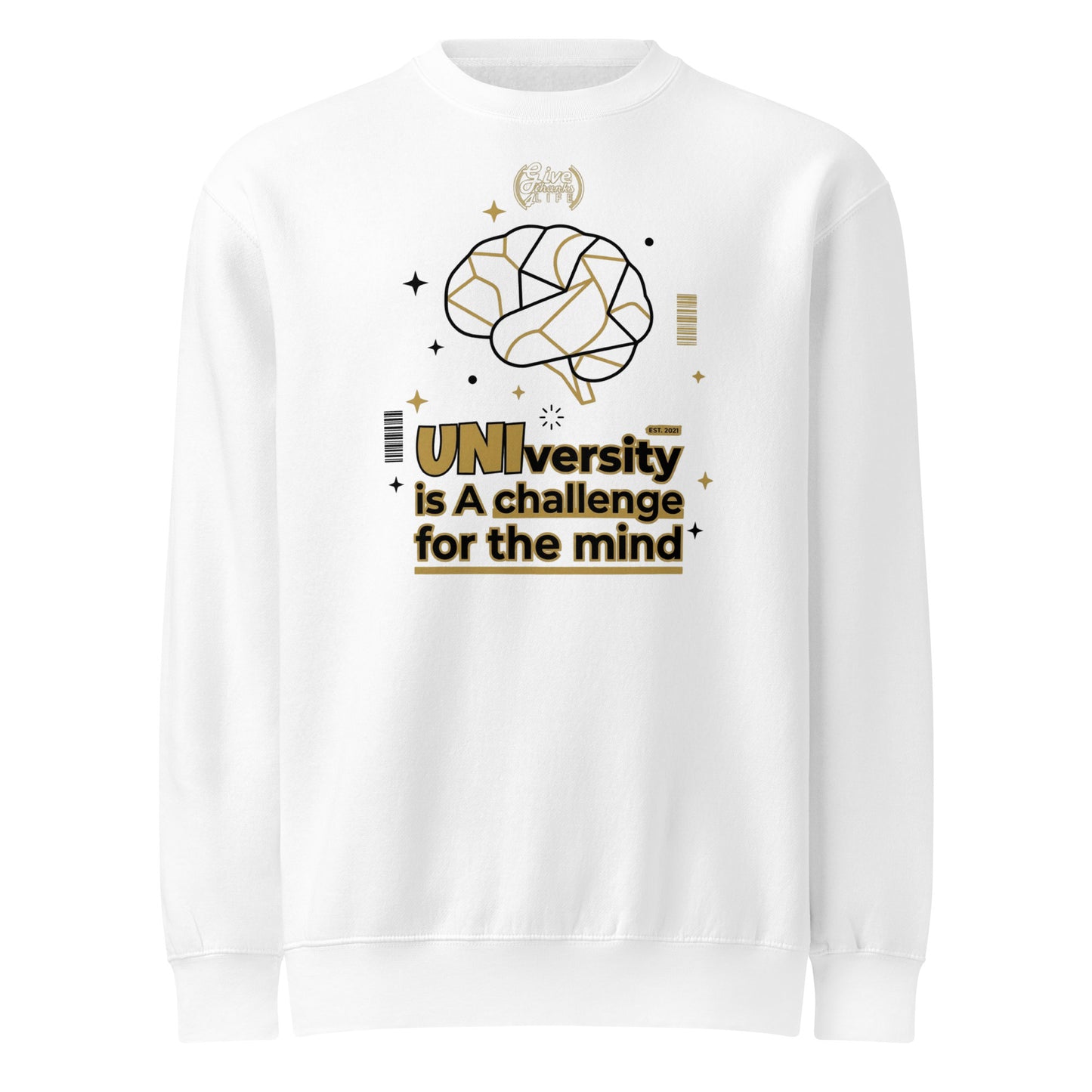 White sweatshirt with graphic design and text on a white background