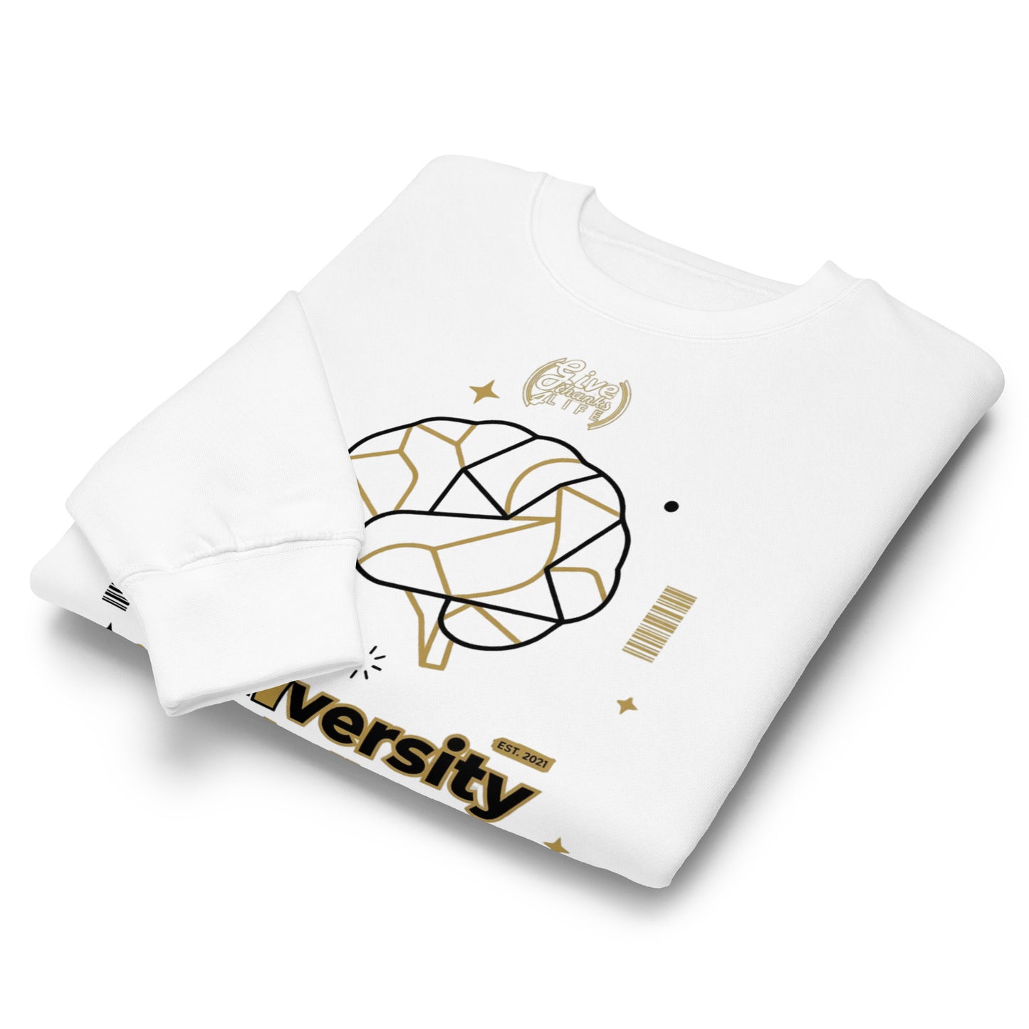 White t-shirt with gold geometric design and 'versity' text on a white background