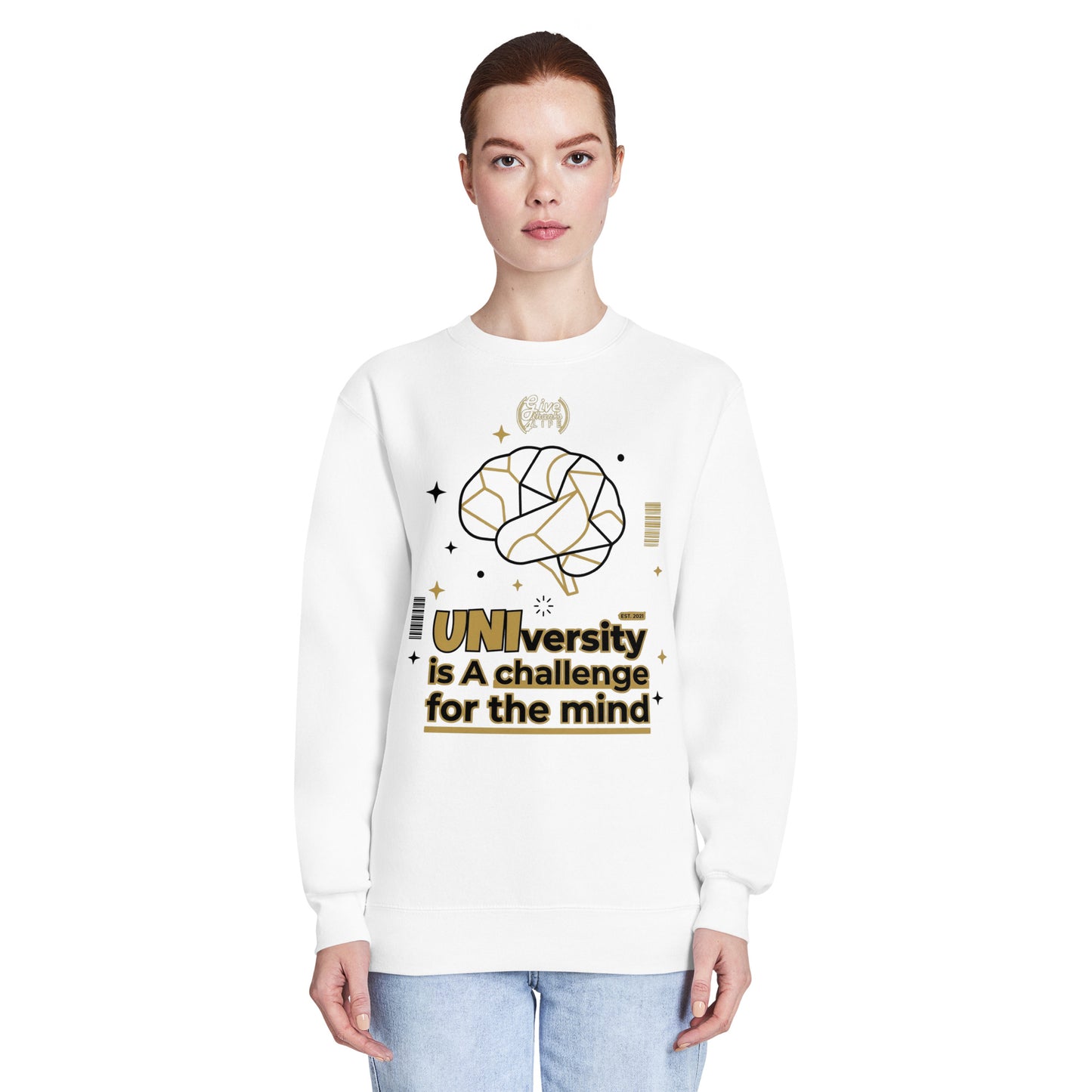 Person wearing a white sweatshirt with a graphic design and text on a white background