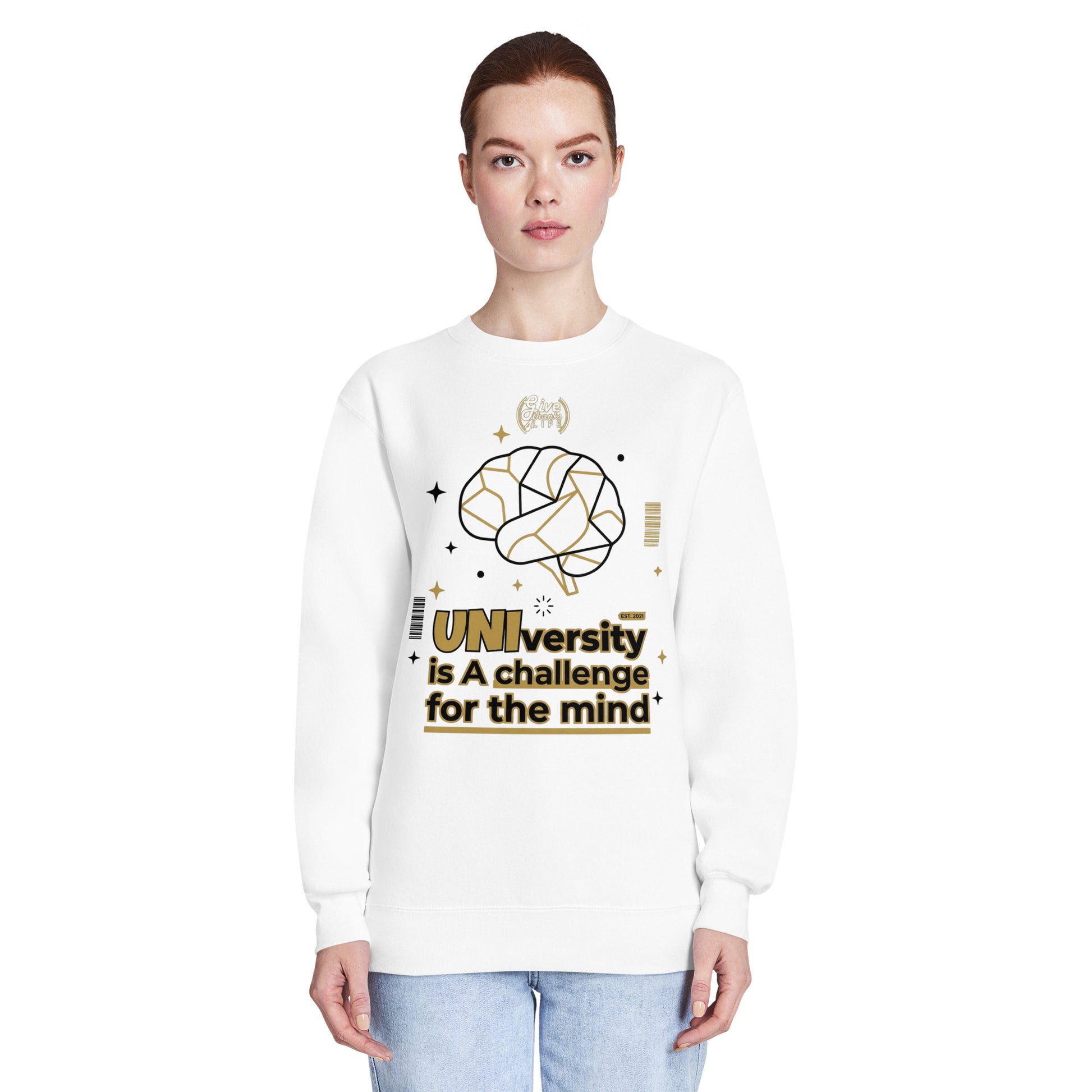 Person wearing a white sweatshirt with a graphic design and text on a white background