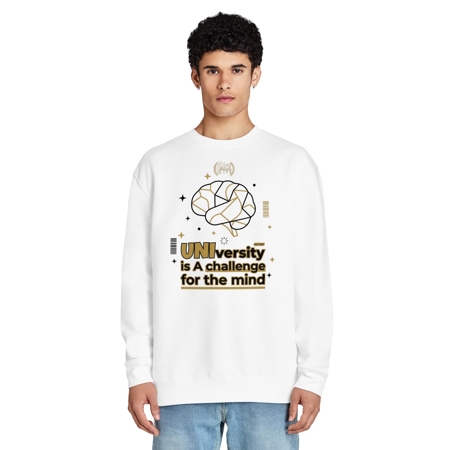Person wearing a white sweatshirt with a graphic design and text on a white background