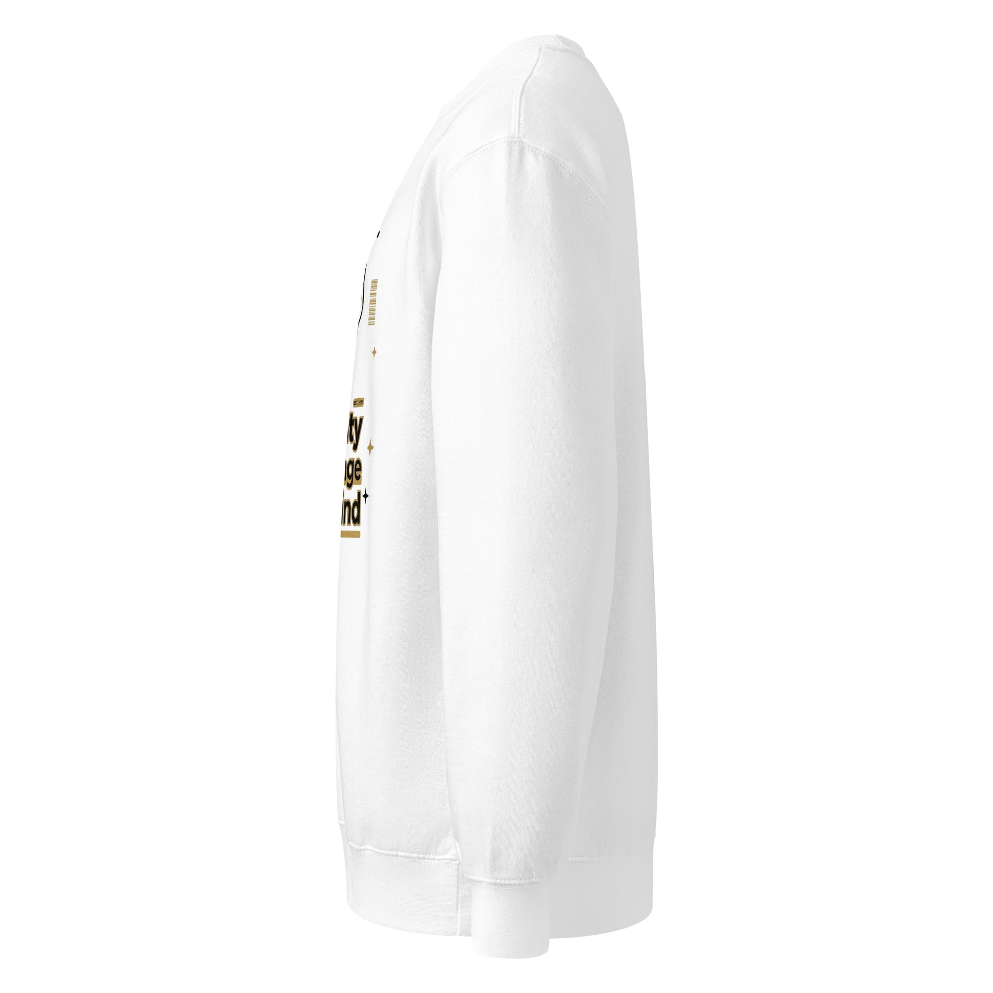 White sweatshirt with gold text on sleeve against a white background