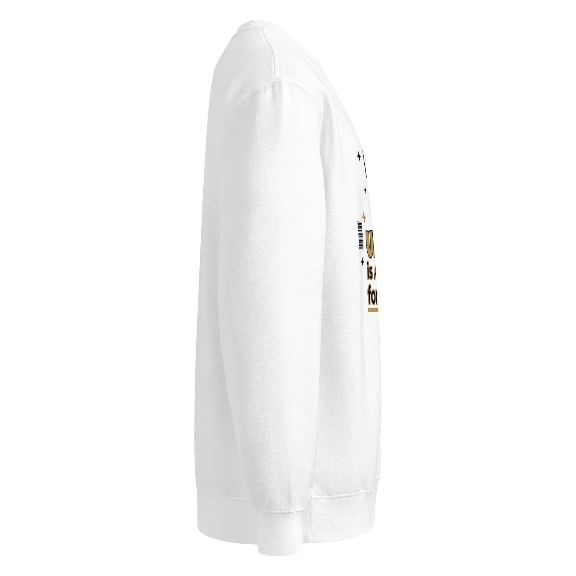 White sweatshirt with text on sleeve against a white background