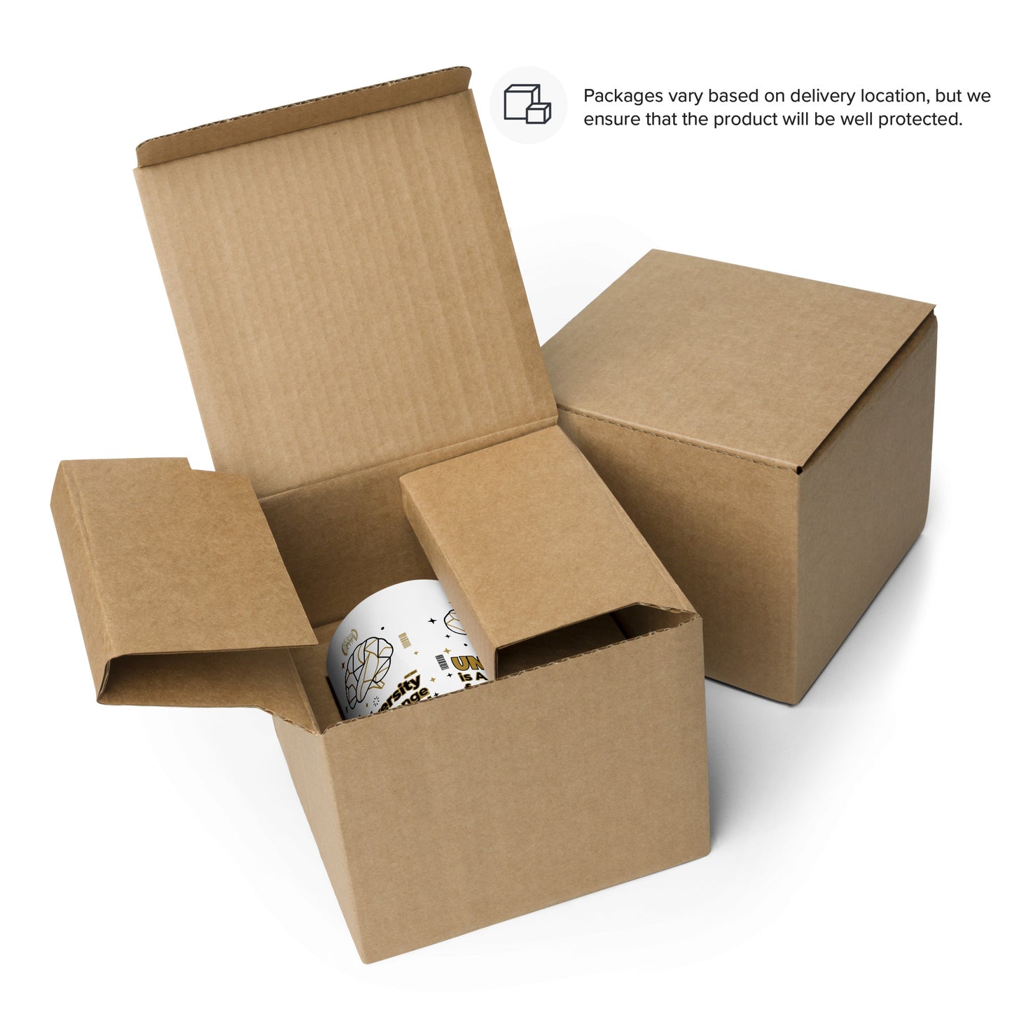 Open cardboard box with a white mug inside on a white background