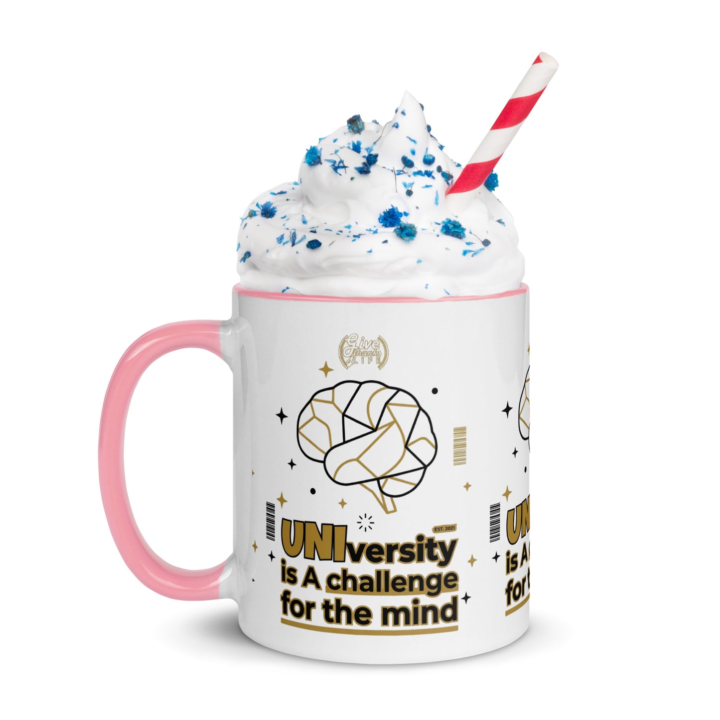 Mug with a brain graphic and text, filled with a milkshake and a straw on a white background