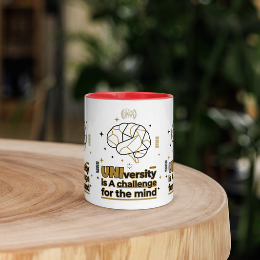 White mug with red interior on a wooden surface, featuring text and graphics.