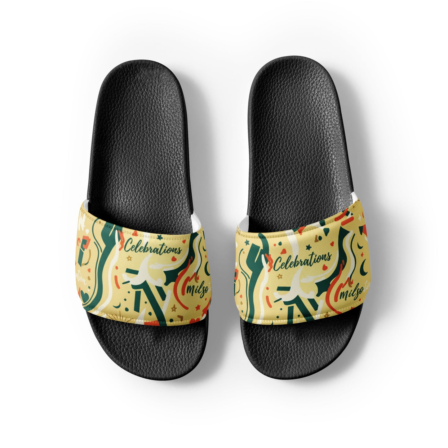 Pair of black slide sandals with colorful band featuring 'Celebrations' text on a white background