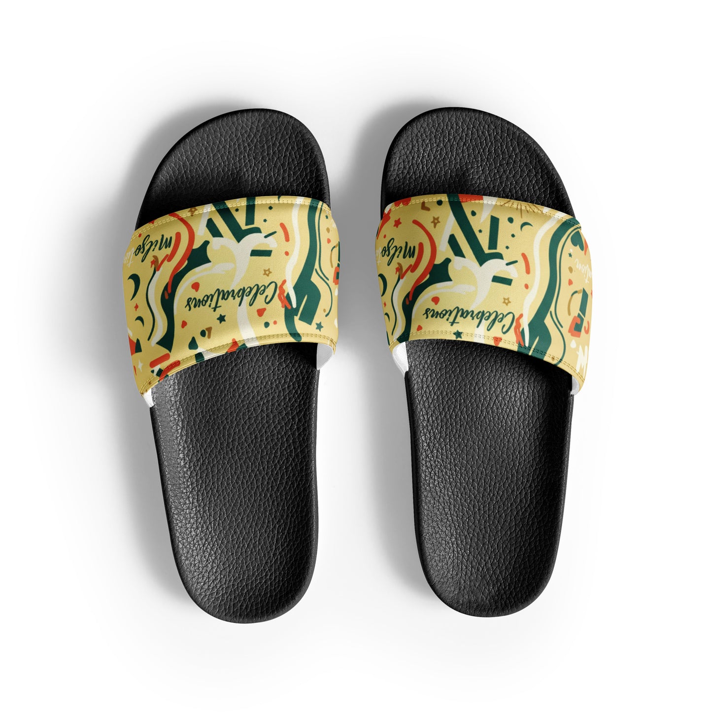 Black slides with yellow straps featuring white text on a white background