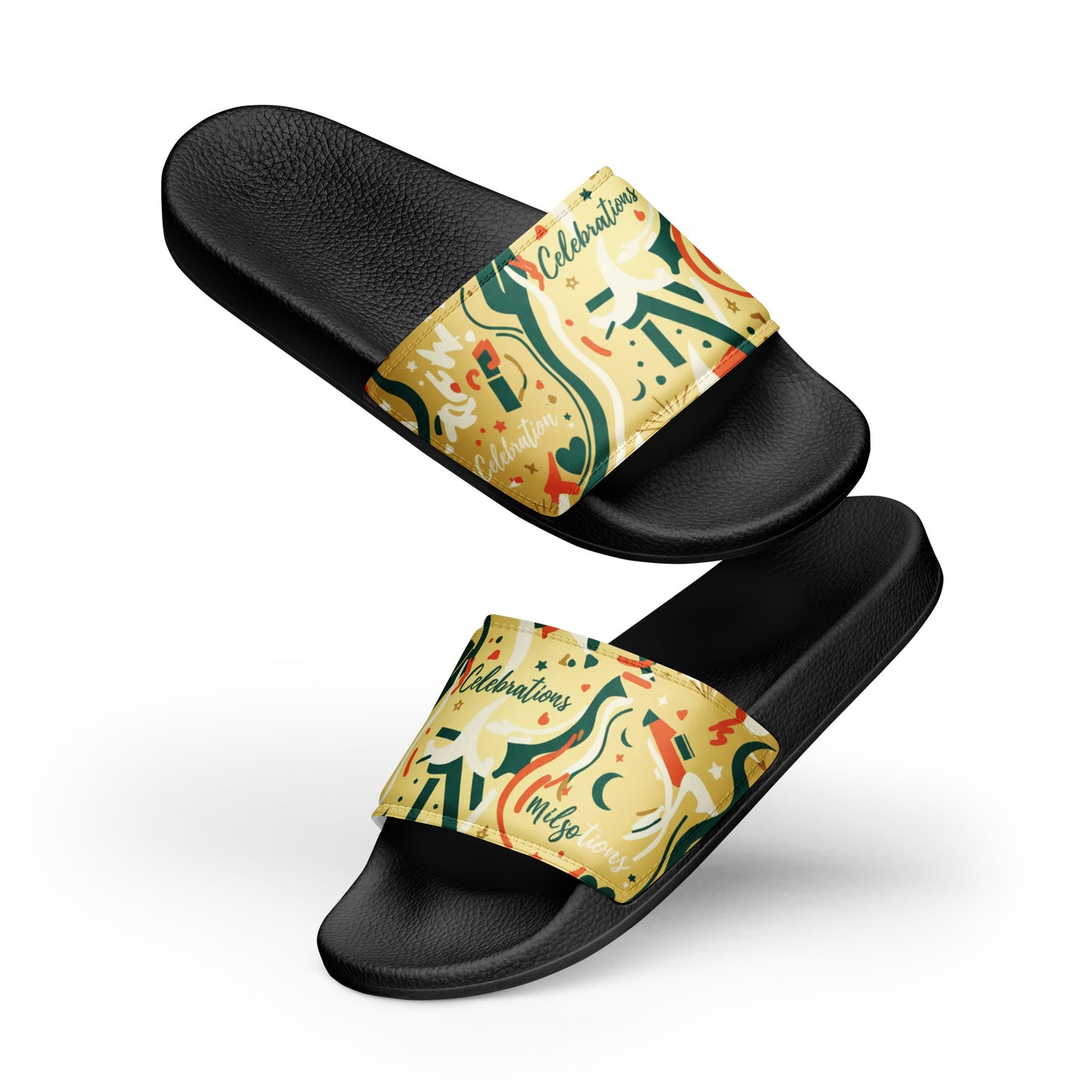 Black slide sandals with colorful band featuring text and graphics on a white background