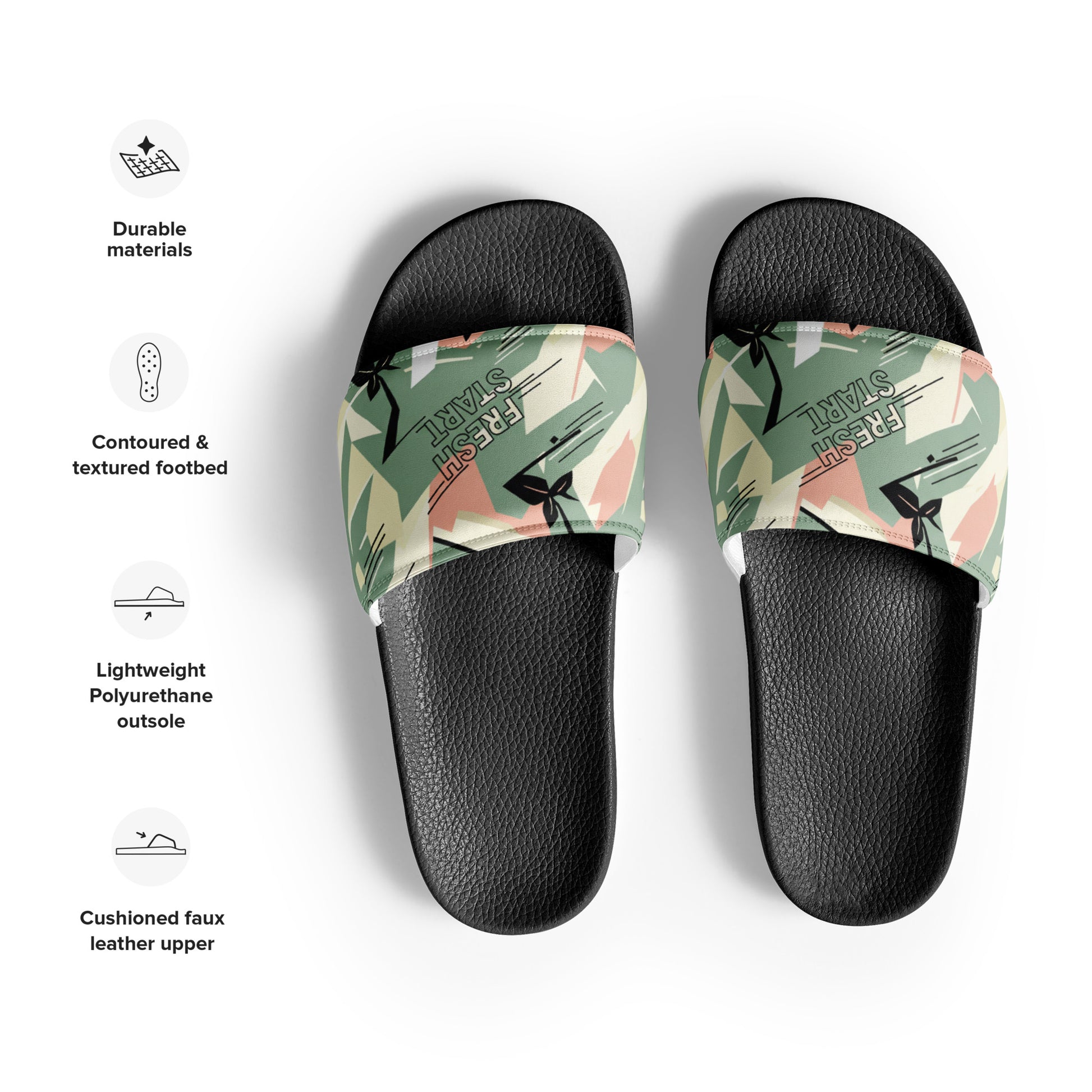 Pair of slides with floral patterned straps on a white background