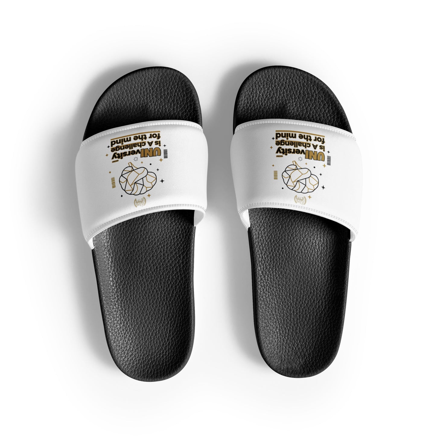 Black slides with white straps featuring text on a white background