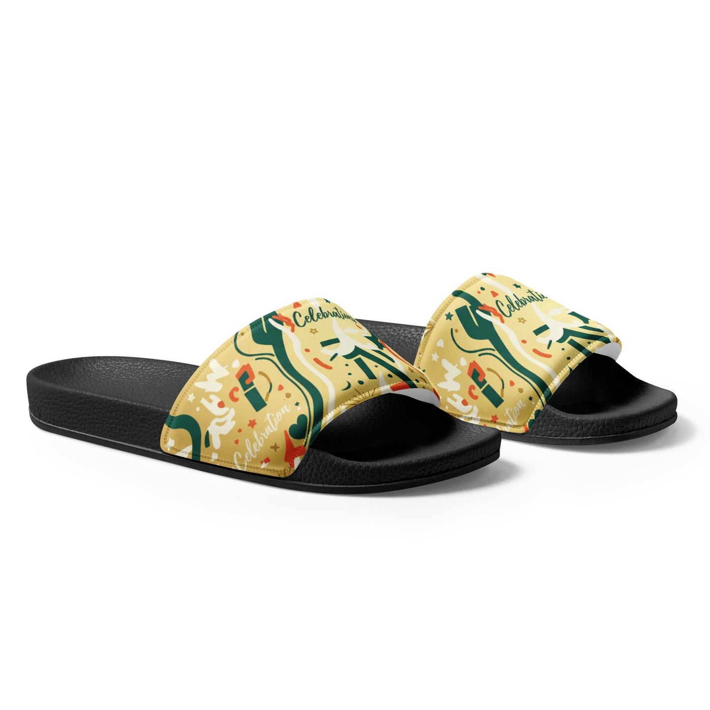 Pair of sandals with a colorful pattern on a white background