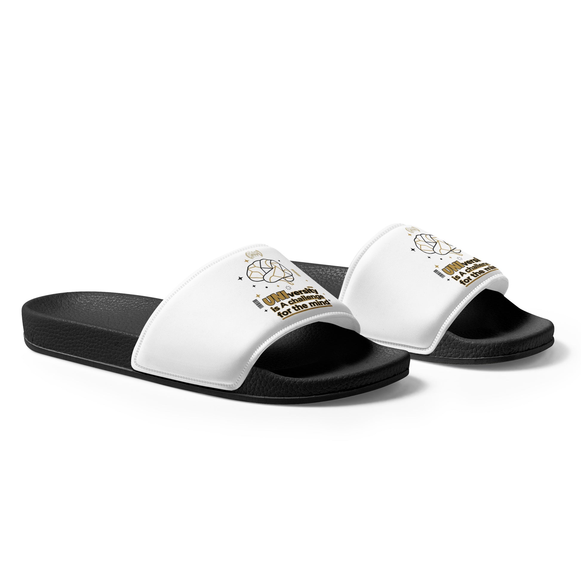 White slides with black soles on a white background