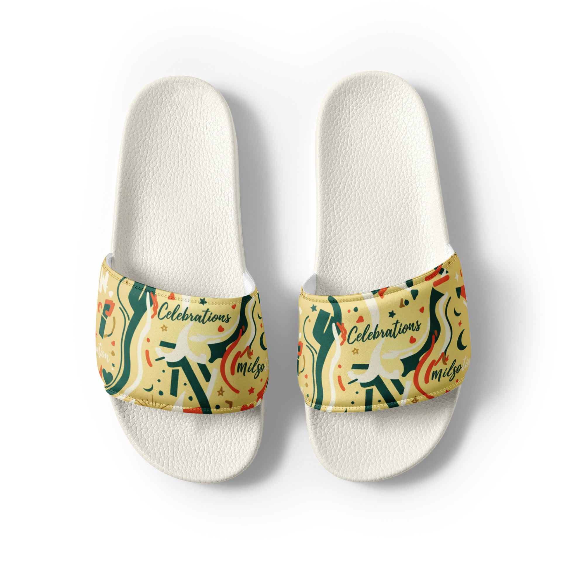 Pair of slides with colorful design on a white background