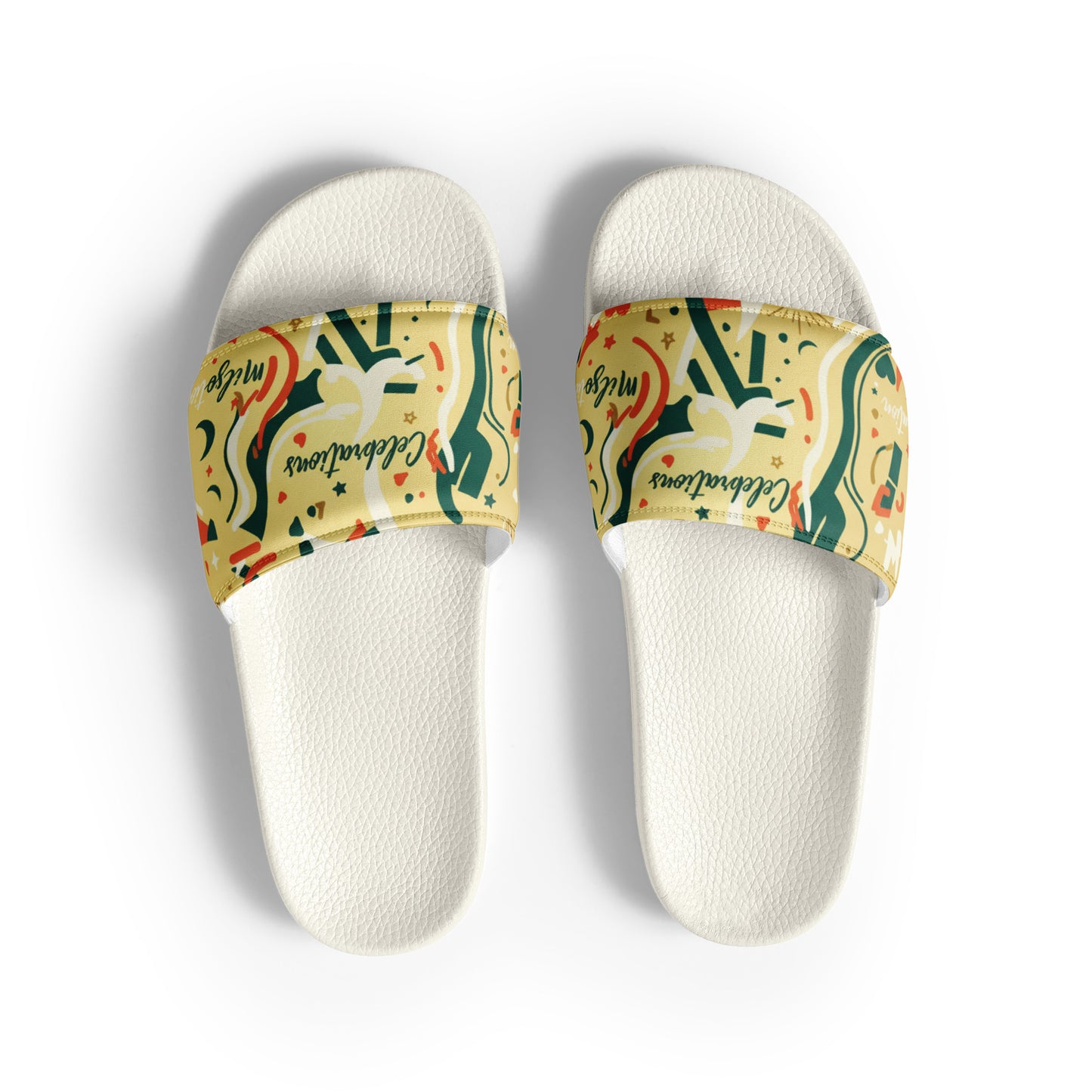 Pair of white slides with colorful band designs on a light gray background