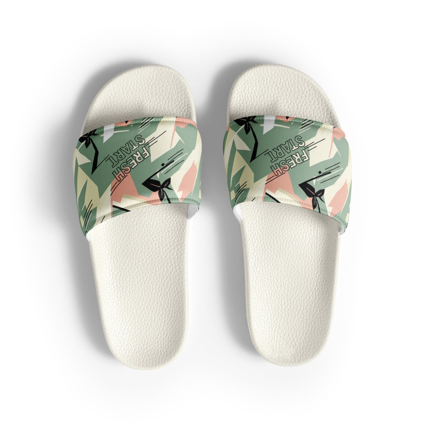 White slides with green floral straps on a white background