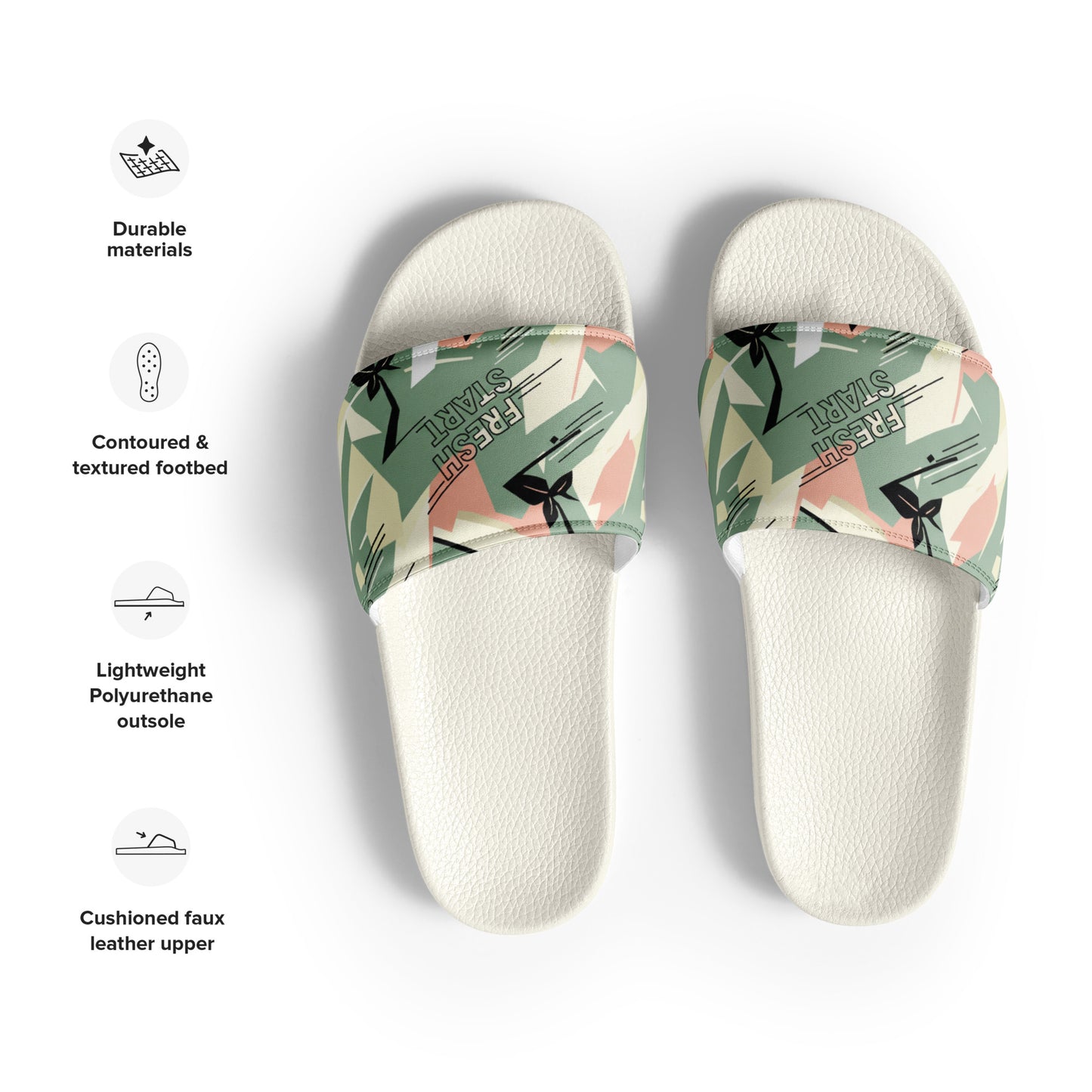 White slides with colorful patterned straps on a white background