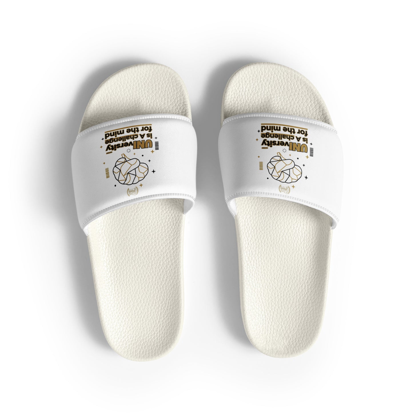 Pair of white slippers with text and graphics on a light gray background