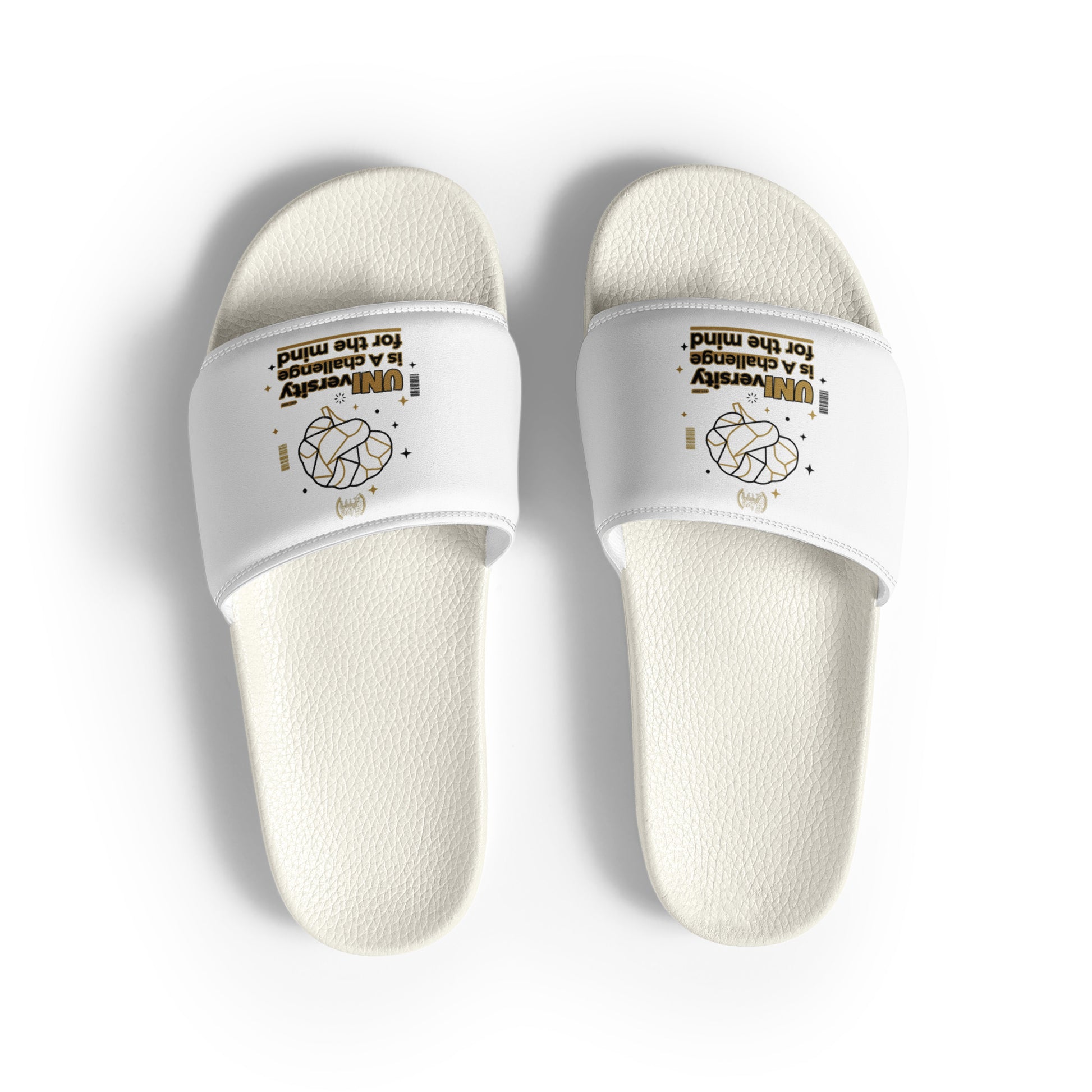 Pair of white slippers with text and graphics on a light gray background