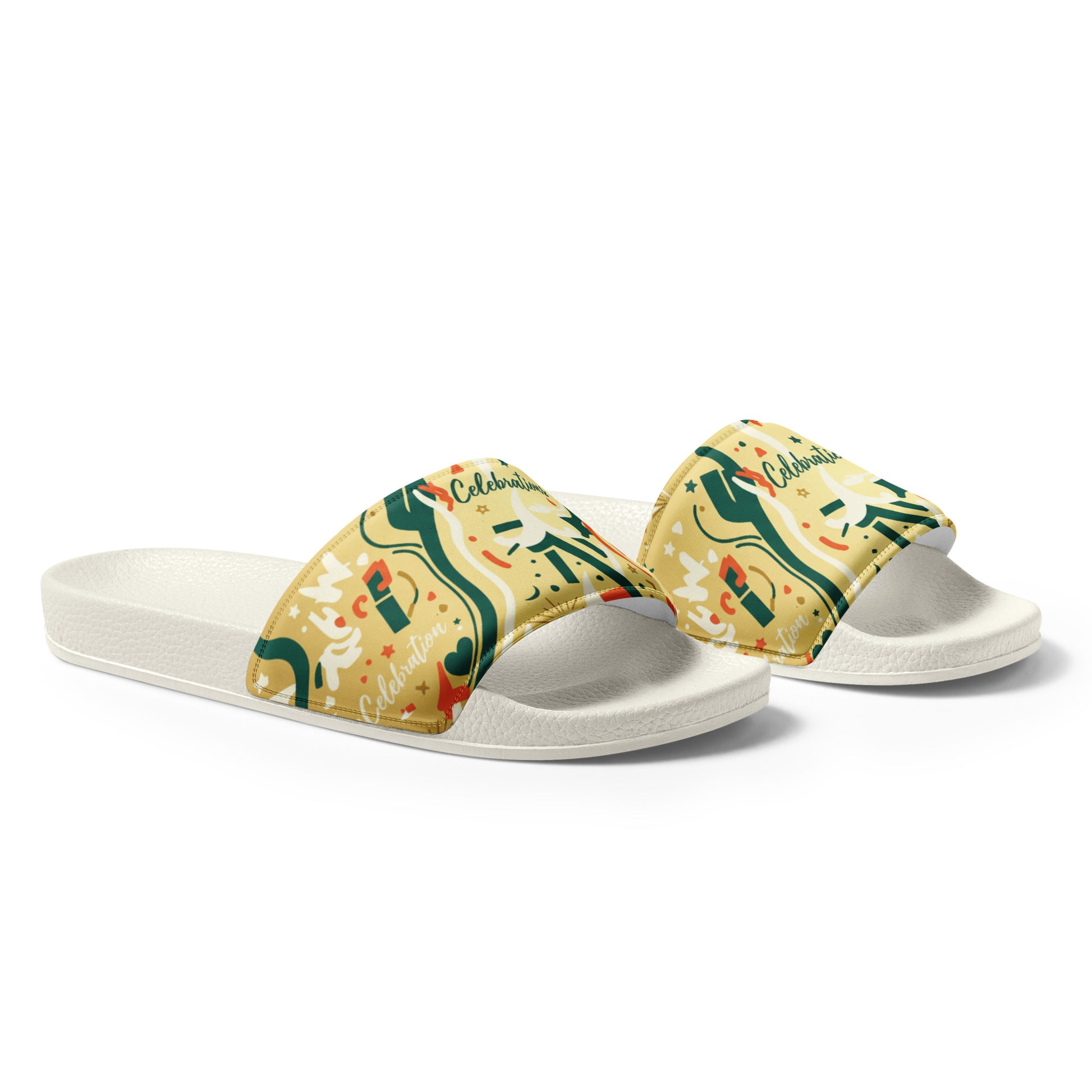 Pair of slide sandals with colorful design on a white background